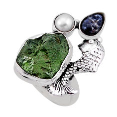 12.30cts natural green moldavite sodalite pearl silver fish ring size 7 n44575