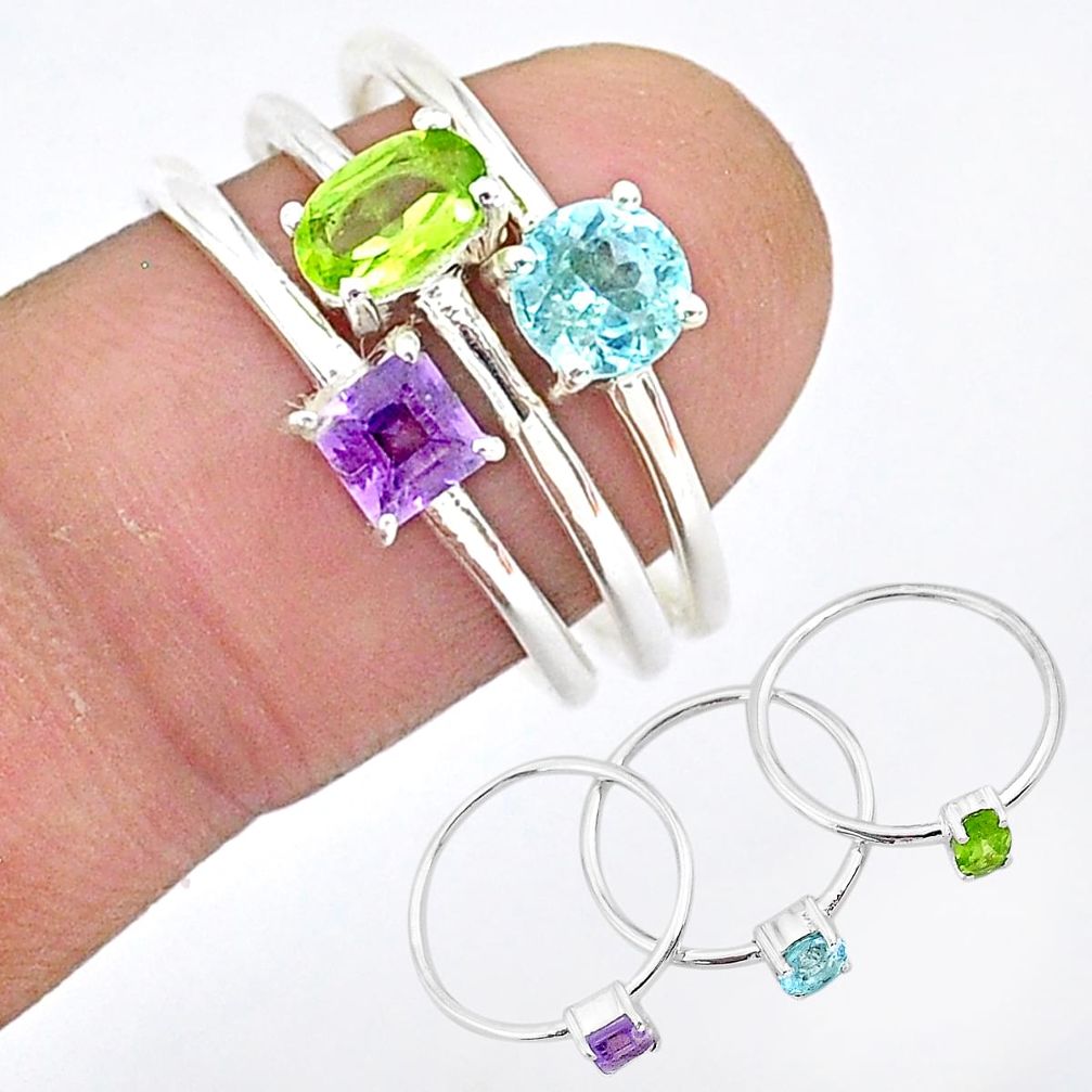3.05cts natural green peridot amethyst 925 sterling silver 3 rings size 8 r93124