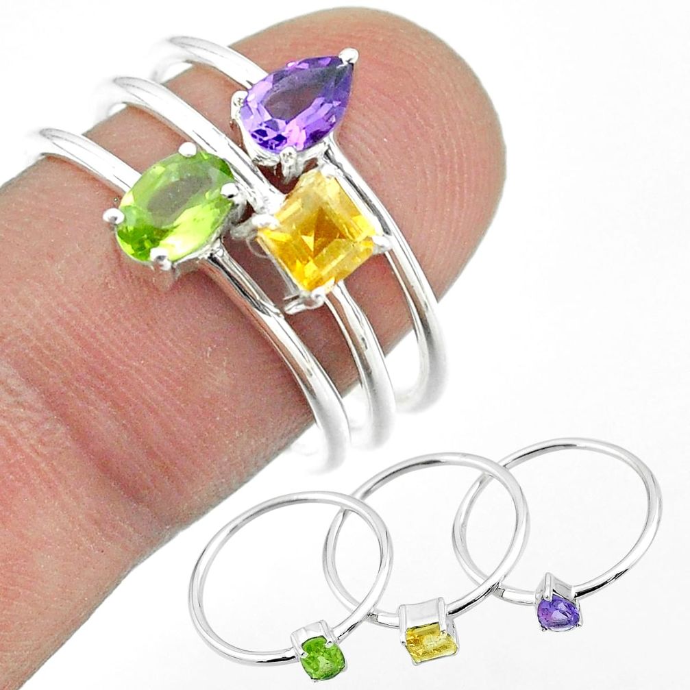 2.98cts natural green peridot amethyst citrine 925 silver 3 rings size 8 t51074