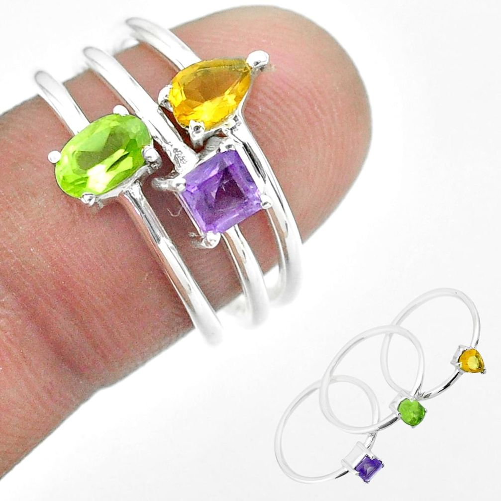 2.81cts natural green peridot amethyst citrine silver 3 rings size 6.5 t51138