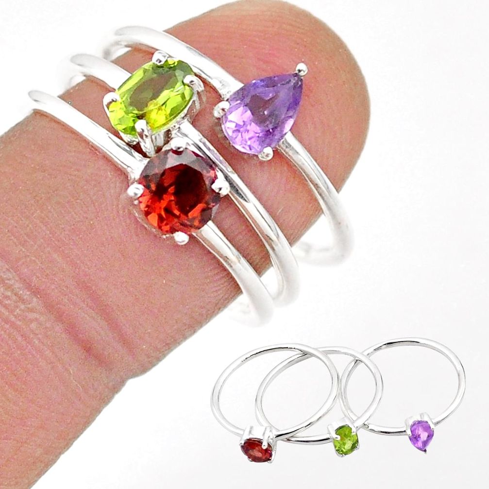 2.97cts natural green peridot amethyst garnet 925 silver 3 rings size 8 t74788