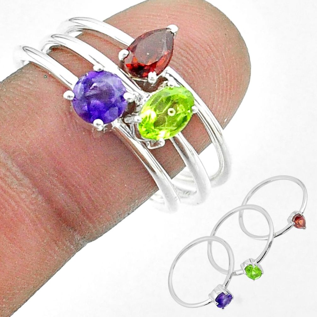 3.14cts natural green peridot amethyst garnet 925 silver 3 rings size 9 t51495