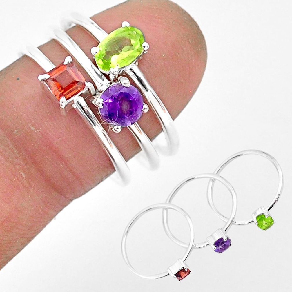 2.91cts natural green peridot amethyst sterling silver 3 rings size 8 r93130