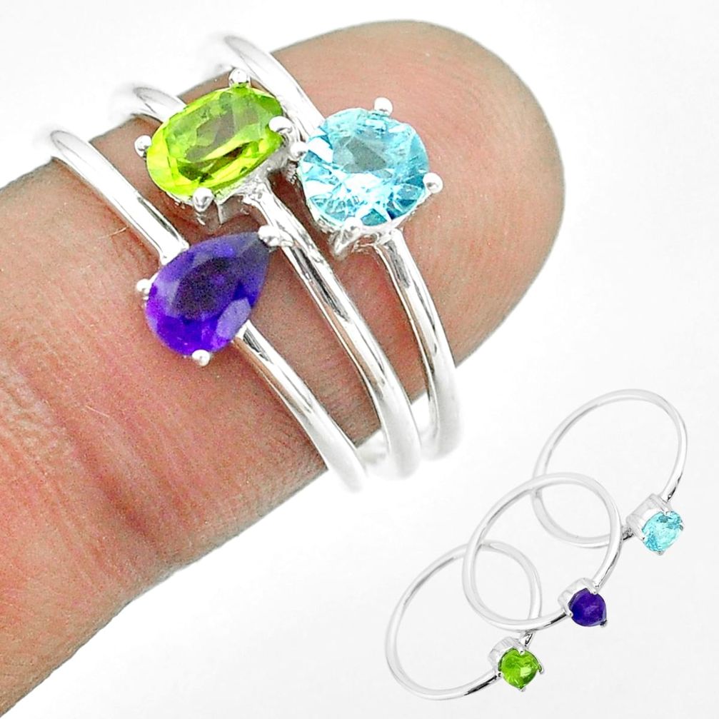 2.97cts natural green peridot amethyst topaz 925 silver 3 rings size 7 t51166