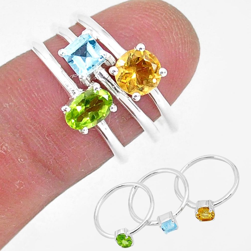 3.23cts natural green peridot citrine topaz 925 silver 3 rings size 6 r93040