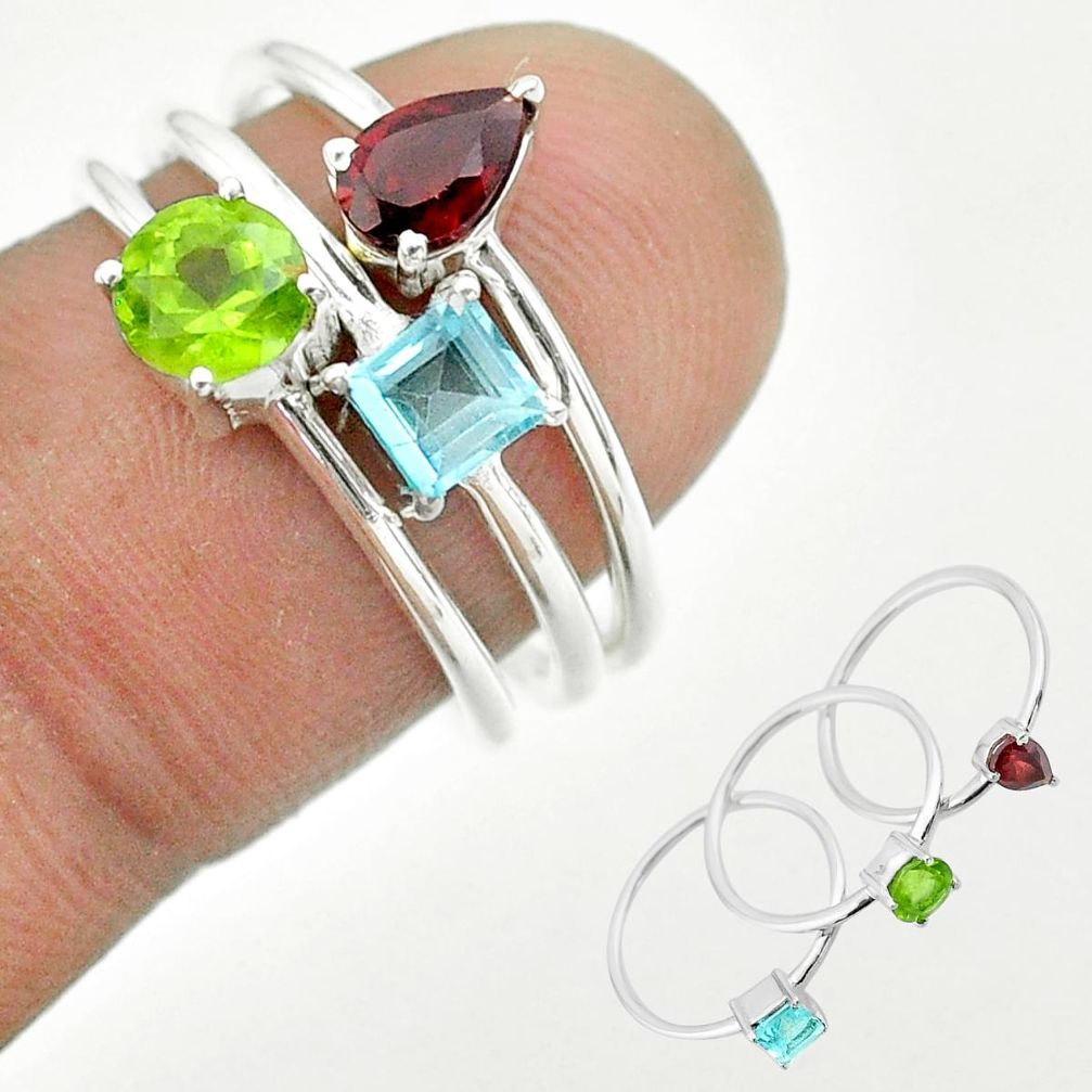 2.97cts natural green peridot red garnet topaz 925 silver 3 rings size 7 t51126