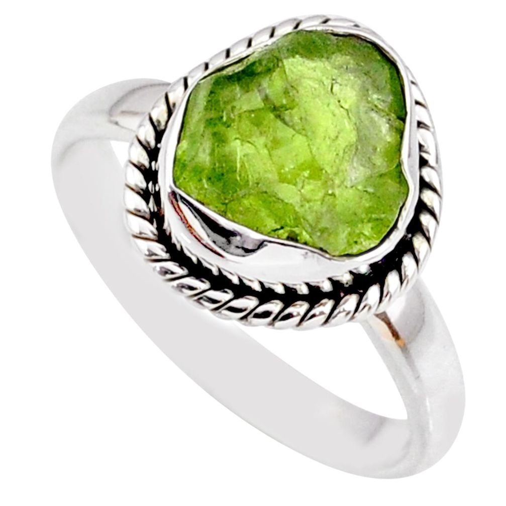 6.38cts natural green peridot rough 925 silver solitaire ring size 8.5 r64071