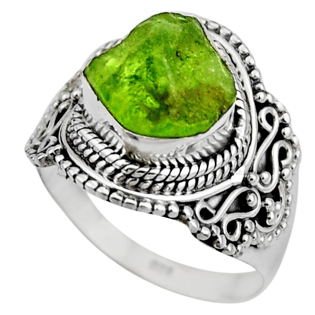 6.31cts natural green peridot rough 925 silver solitaire ring size 8 r53398