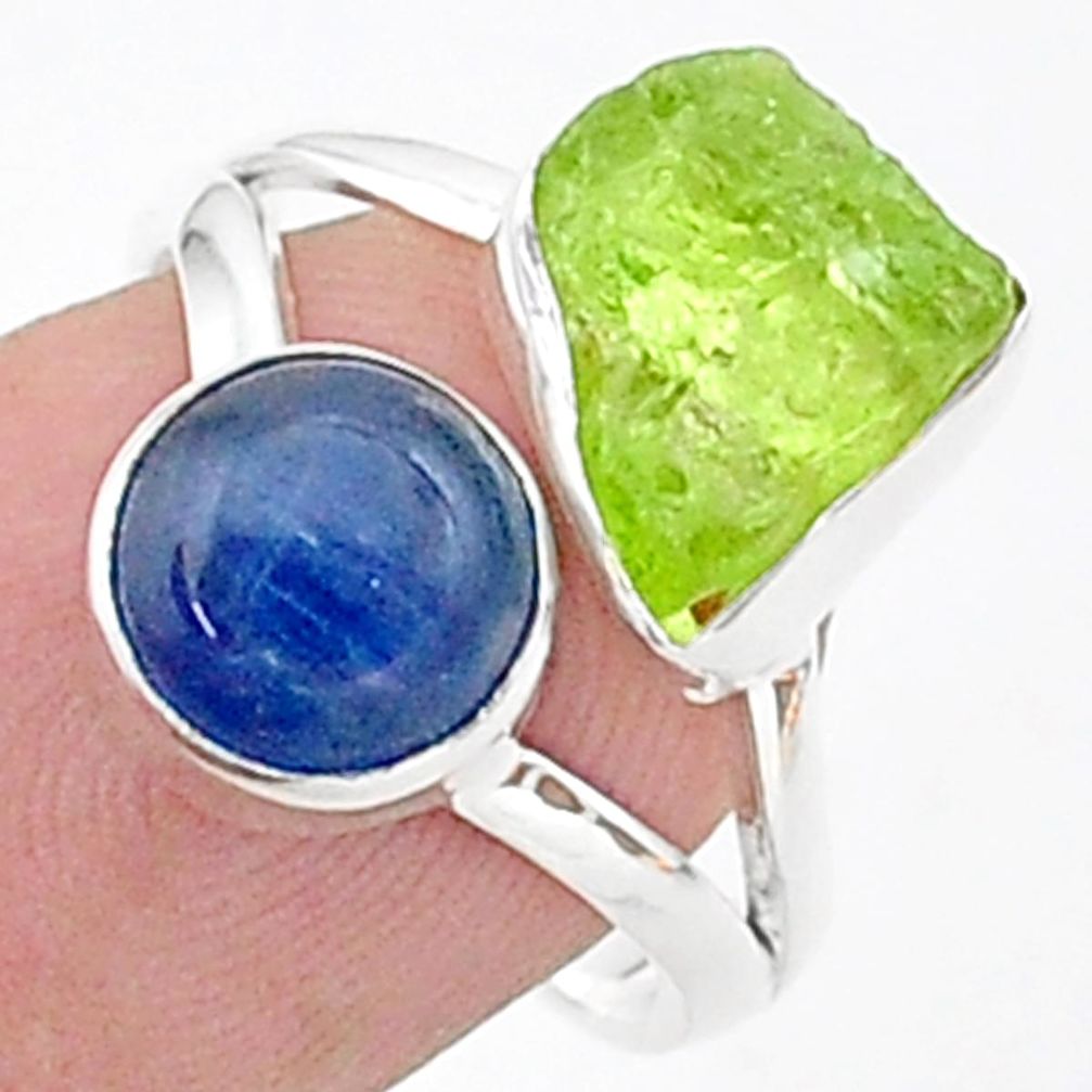 9.61cts natural green peridot raw blue kyanite 925 silver ring size 7 t38086