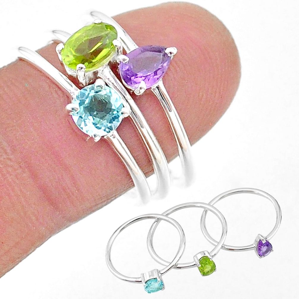 2.95cts natural green peridot topaz amethyst 925 silver 3 rings size 8 t17734