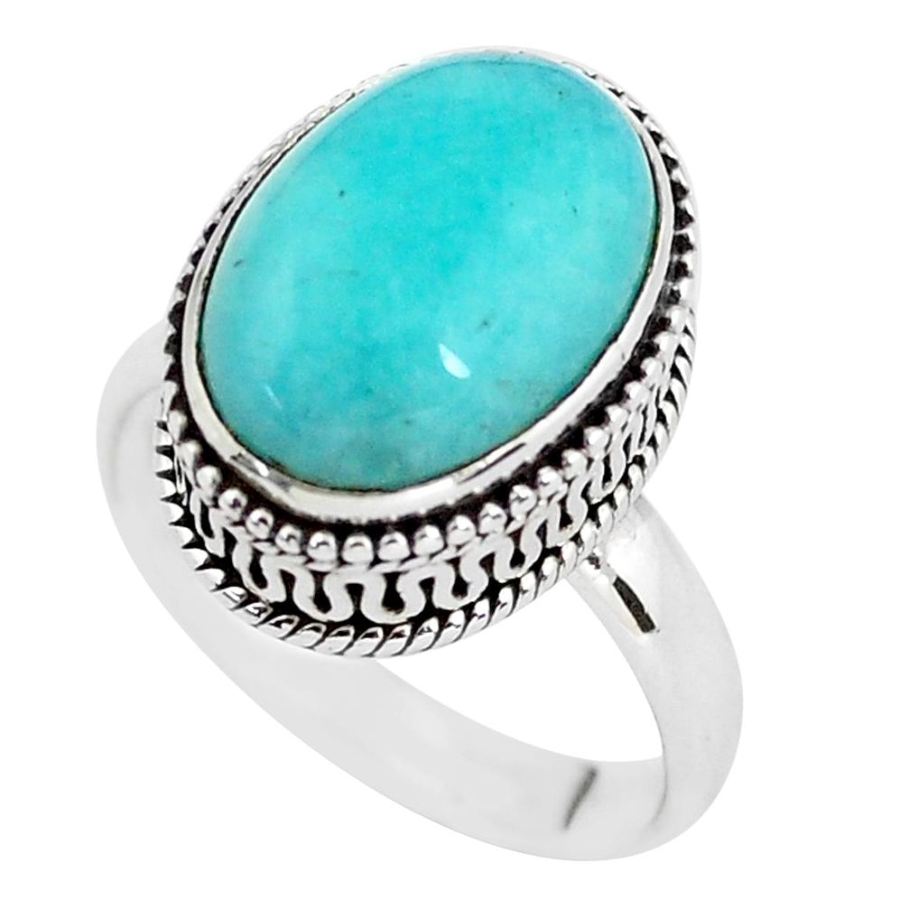 6.76cts natural green peruvian amazonite silver solitaire ring size 7.5 p56518