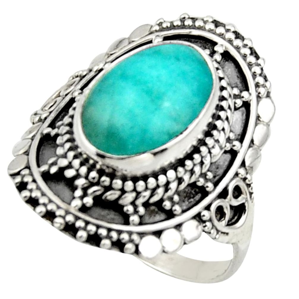 4.40cts natural green peruvian amazonite silver solitaire ring size 7.5 r41621