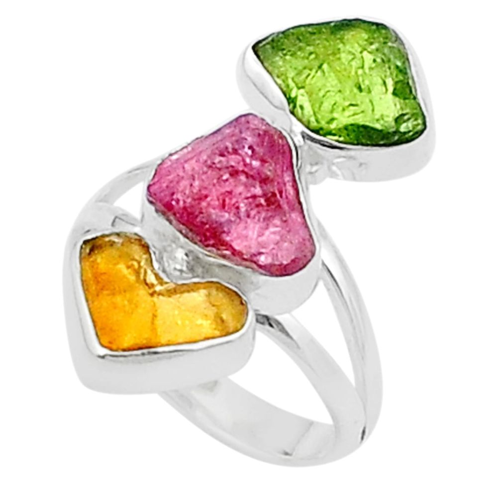 10.37cts natural green pink yellow tourmaline rough silver ring size 7 u26672