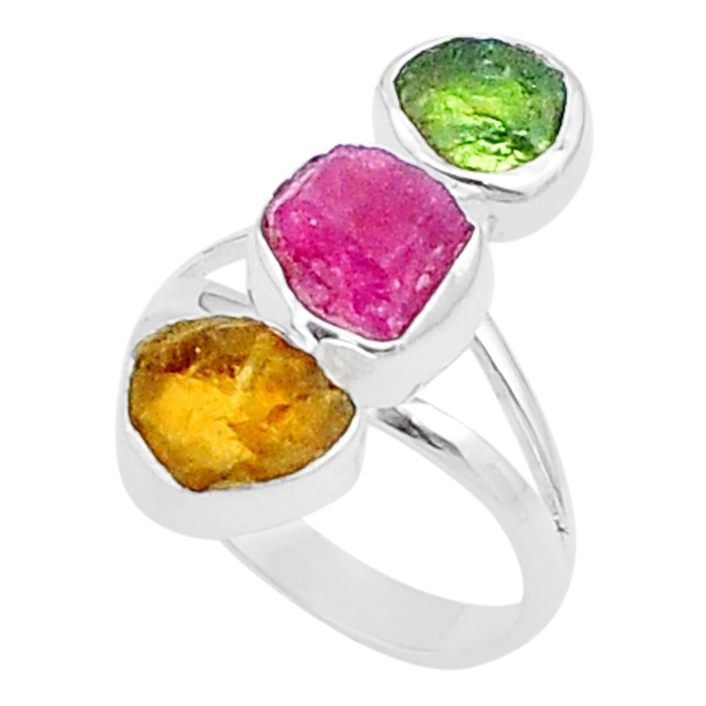 10.37cts natural green pink yellow tourmaline rough silver ring size 8 u26669