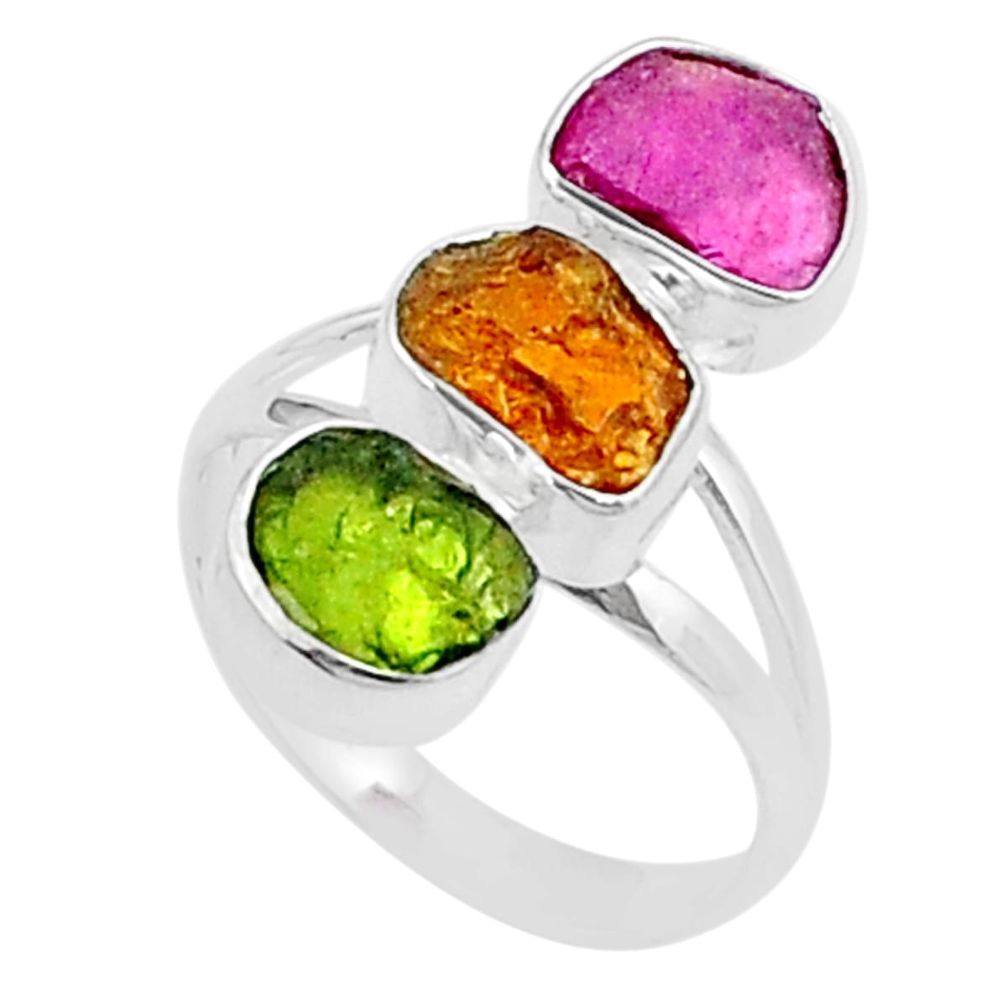 10.39cts natural green pink yellow tourmaline rough silver ring size 9 u26676