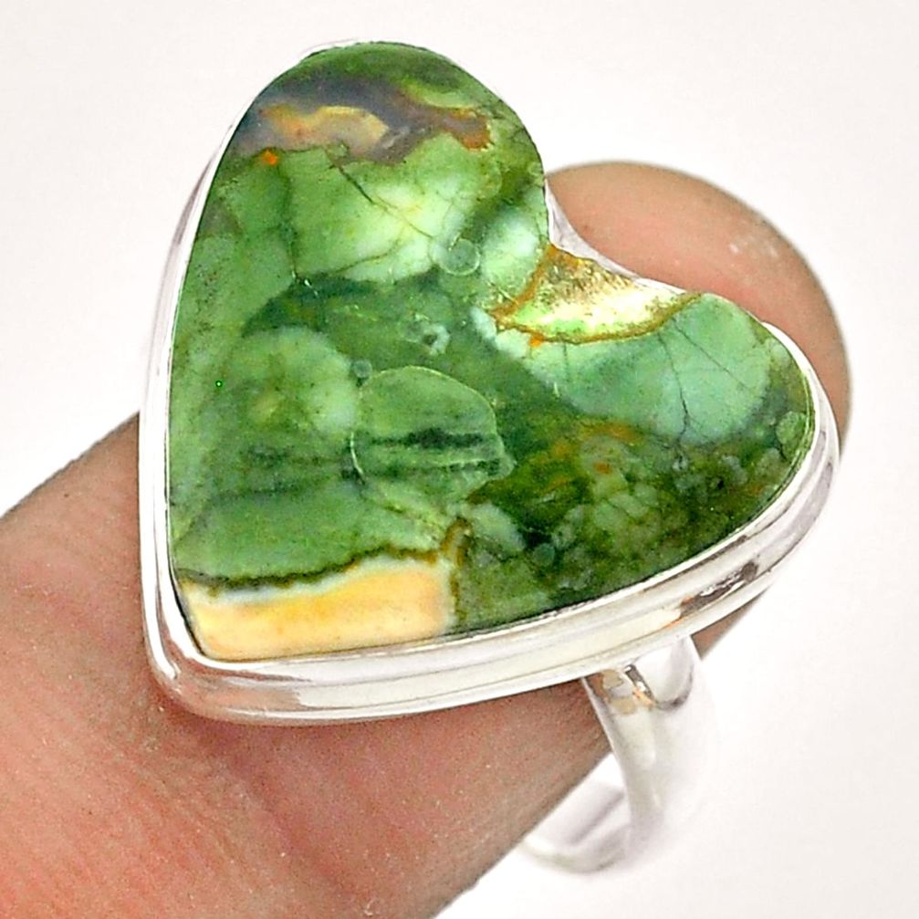 15.39cts natural green rainforest rhyolite jasper silver ring size 9.5 t54386