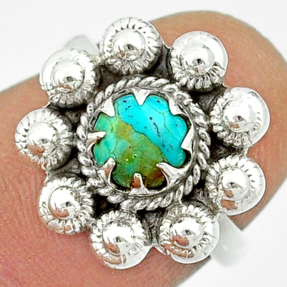 1.07cts natural green turquoise tibetan 925 silver flower ring size 6 u23082