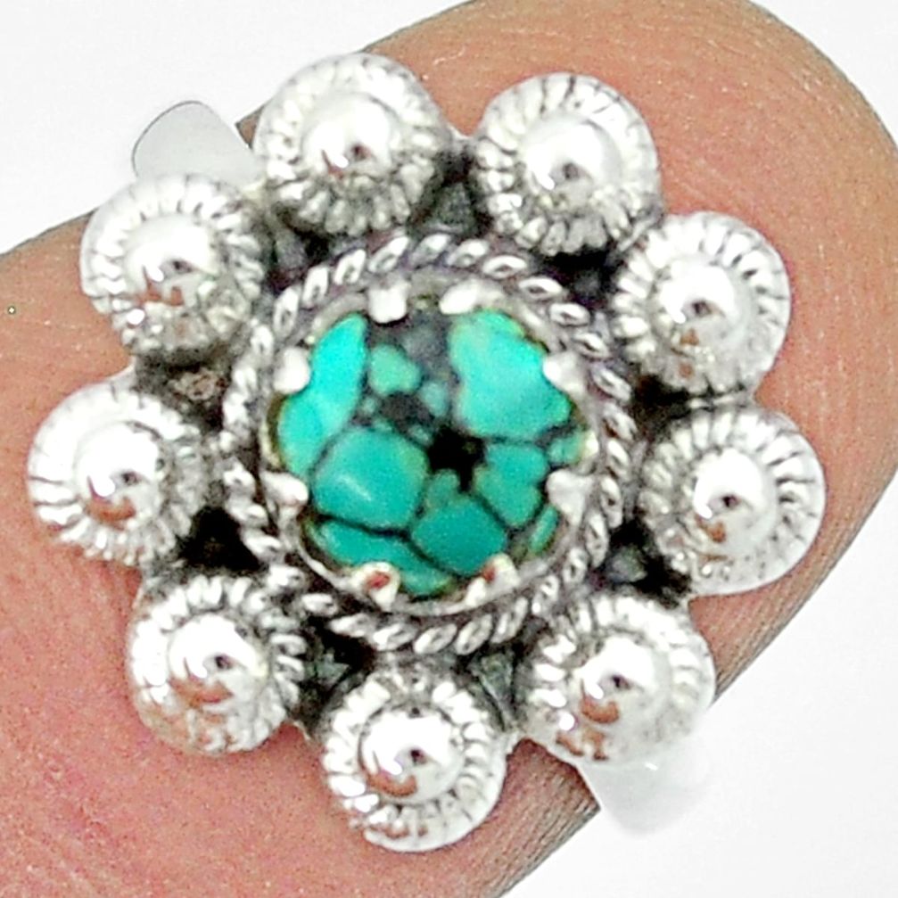 1.08cts natural green turquoise tibetan 925 silver flower ring size 6 u23086