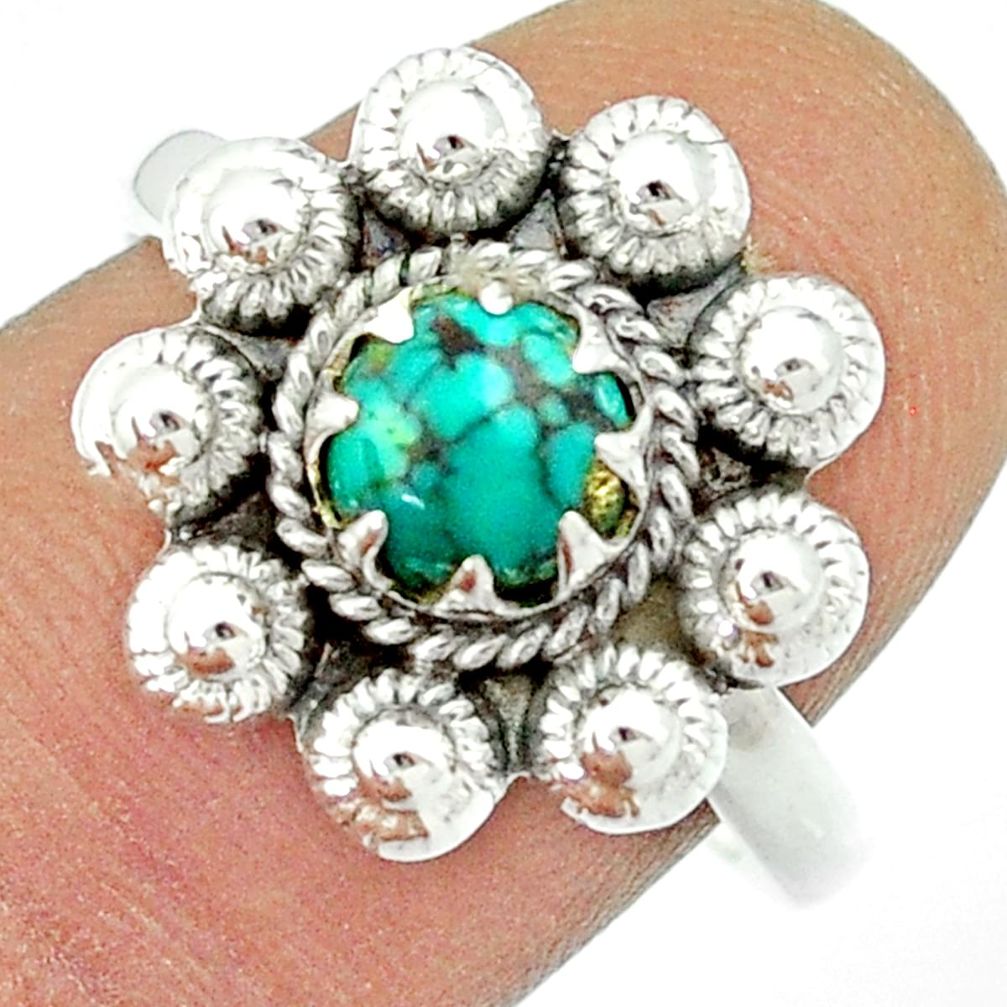 1.08cts natural green turquoise tibetan 925 silver flower ring size 9.5 u23090