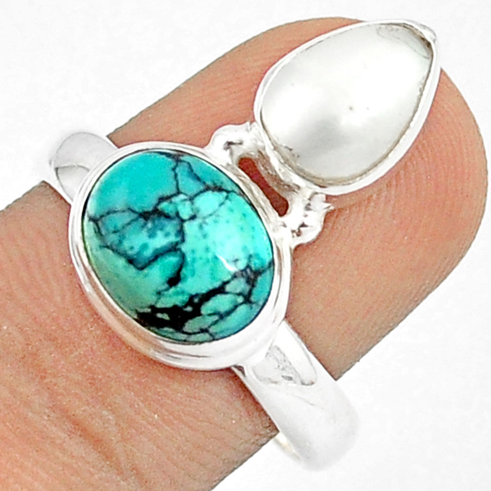6.07cts natural green turquoise tibetan pearl 925 silver ring size 8.5 u27361