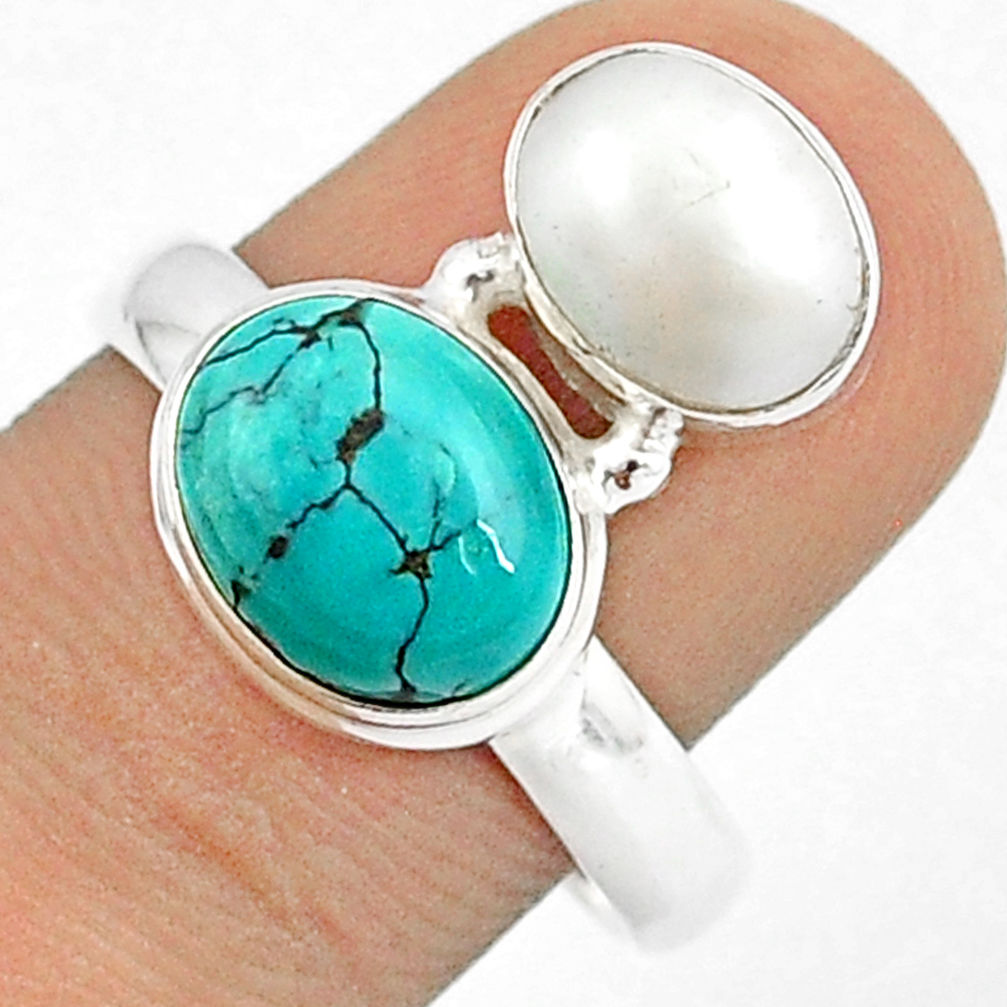 5.95cts natural green turquoise tibetan pearl 925 silver ring size 8.5 u27362