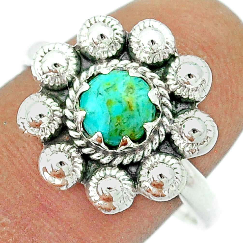 1.21cts natural green turquoise tibetan round silver flower ring size 10 u23100