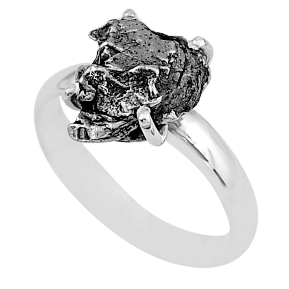 5.43cts natural grey campo del cielo (meteorite) 925 silver ring size 7 t2063