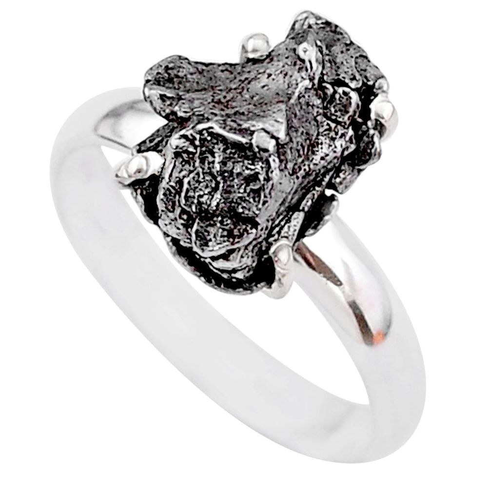 5.82cts natural grey campo del cielo (meteorite) 925 silver ring size 8 t2100