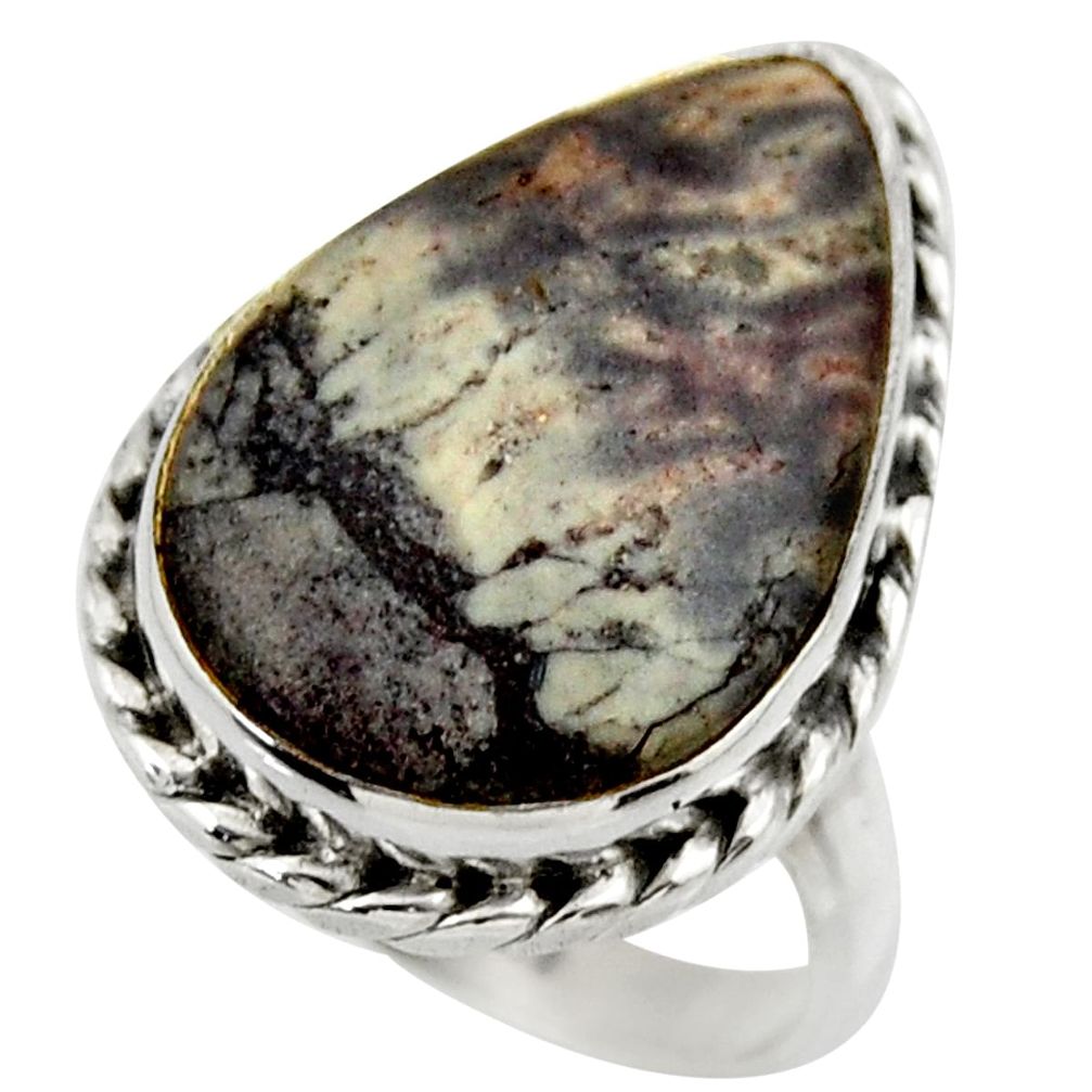 Natural grey porcelain jasper (sci fi) 925 silver solitaire ring size 8 r28621