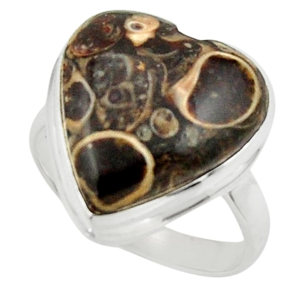 Natural heart turritella fossil snail agate 925 silver ring size 8.5 r44049
