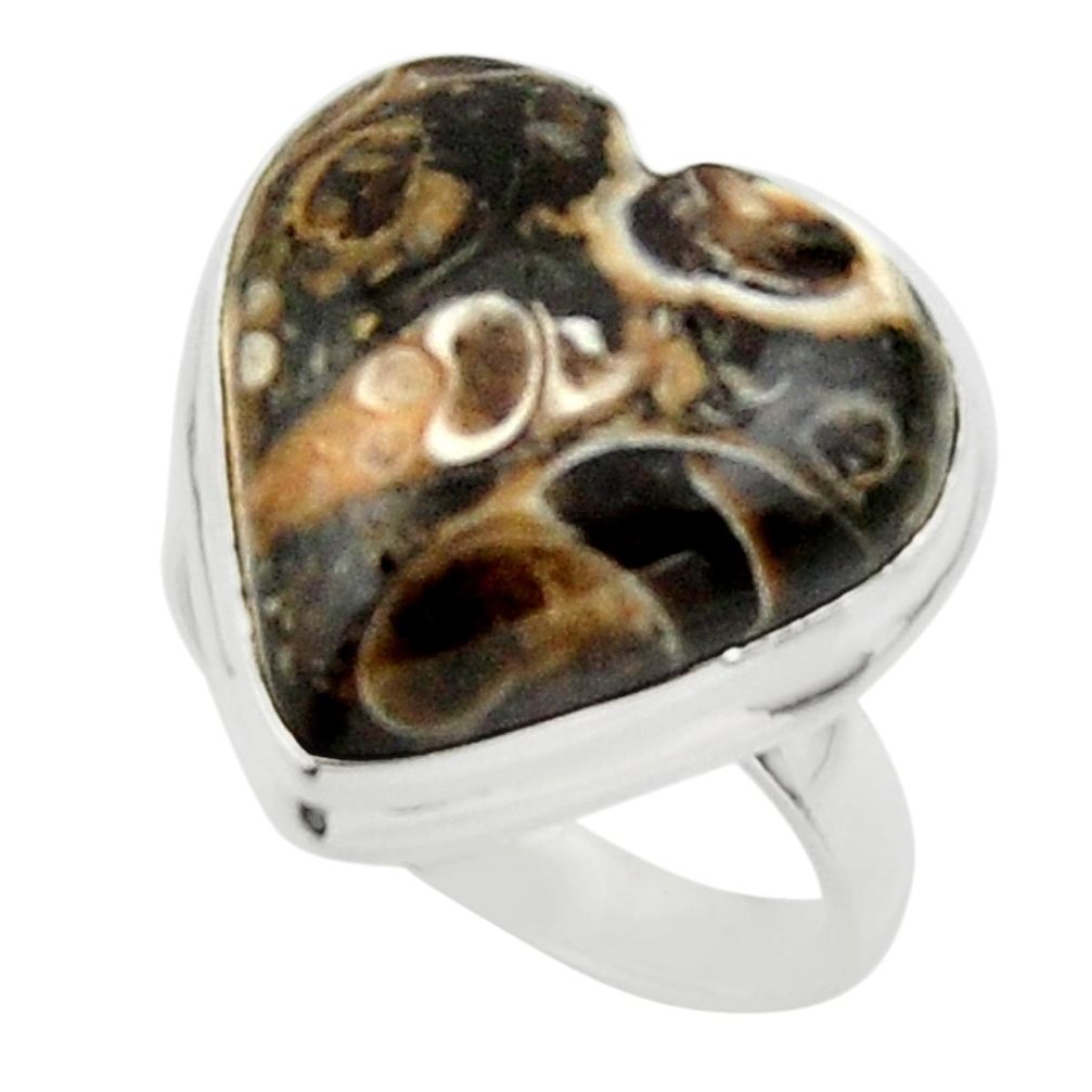 Natural heart turritella fossil snail agate 925 silver ring size 7 r44051