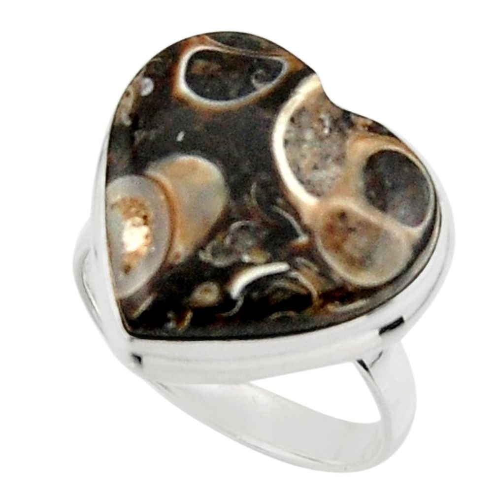 Natural heart turritella fossil snail agate 925 silver ring size 7 r44054