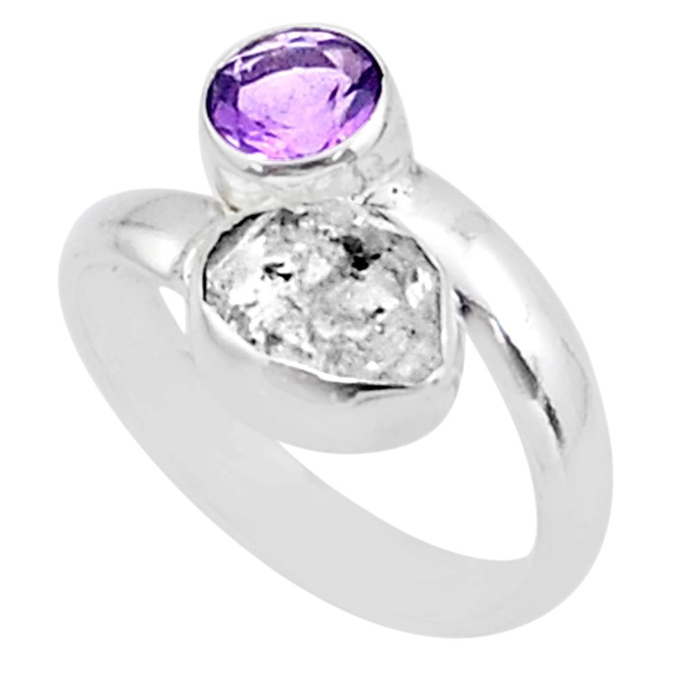 6.21cts natural herkimer diamond amethyst silver adjustable ring size 7.5 t72592