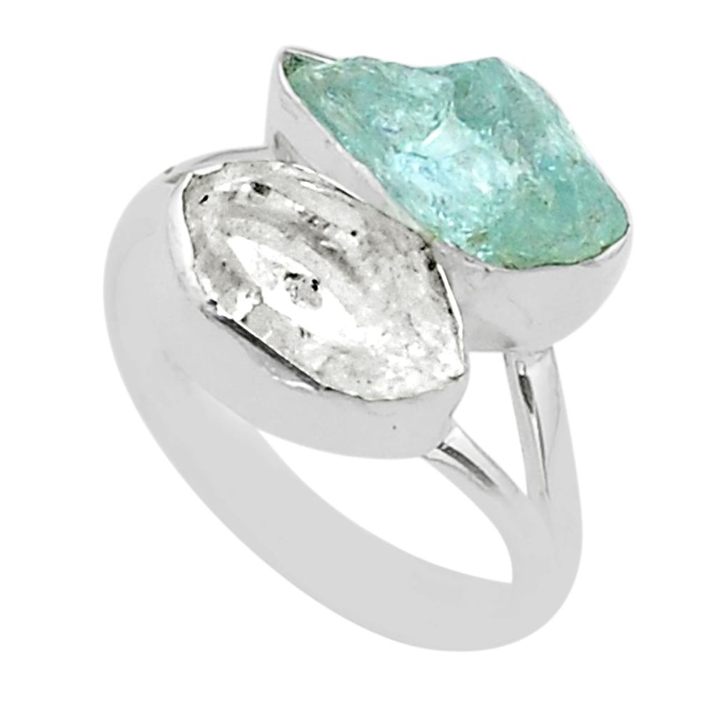 10.78cts natural herkimer diamond aquamarine raw 925 silver ring size 7 t49702