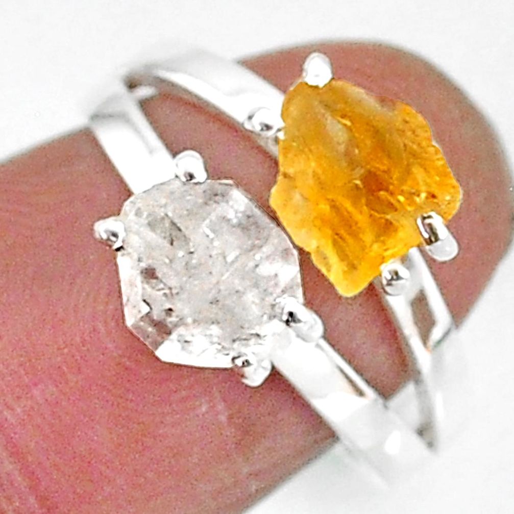 6.64cts natural herkimer diamond citrine raw 925 silver ring size 7 t6761