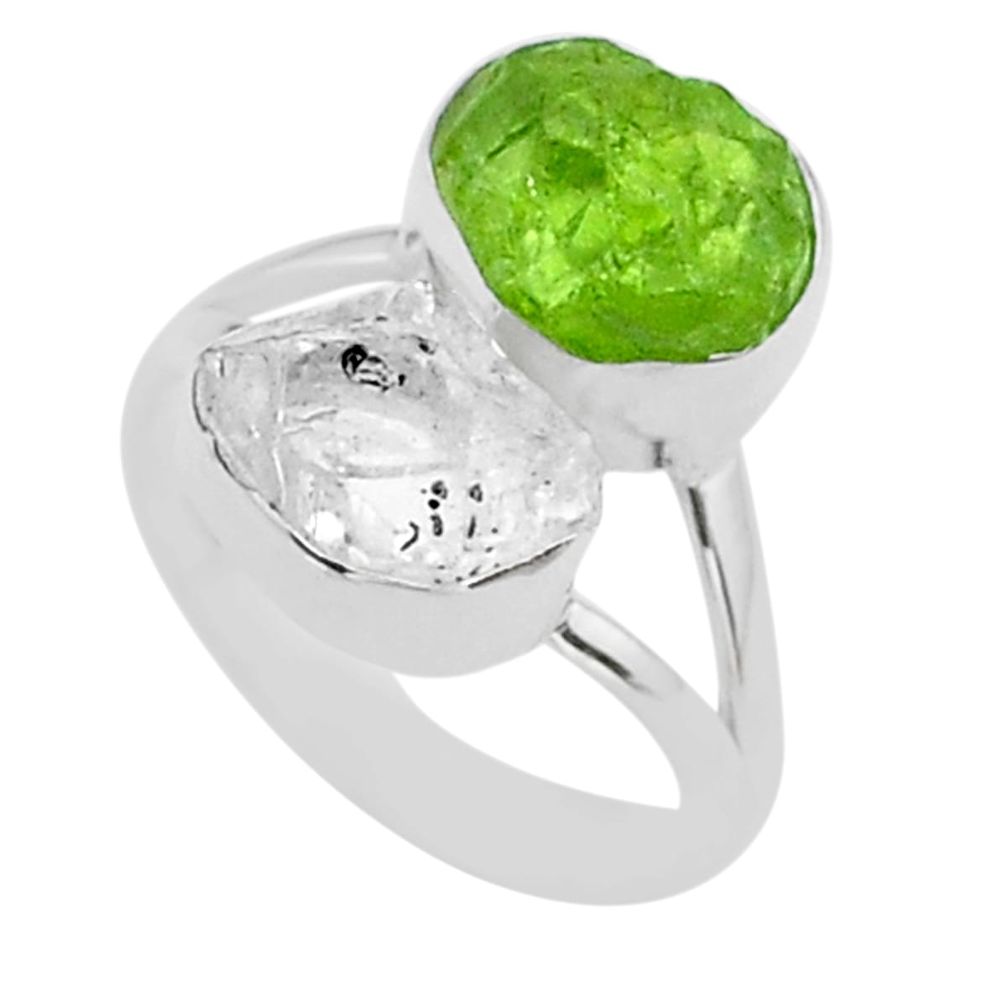 10.84cts natural herkimer diamond peridot raw 925 silver ring size 7 t49757