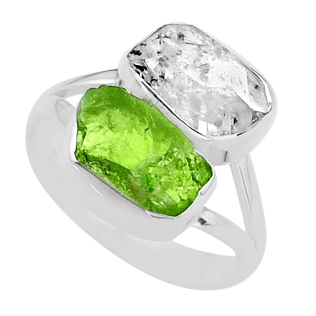 10.29cts natural herkimer diamond peridot raw 925 silver ring size 8 t49753