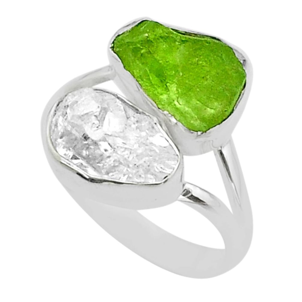 11.23cts natural herkimer diamond peridot raw 925 silver ring size 9 t49706