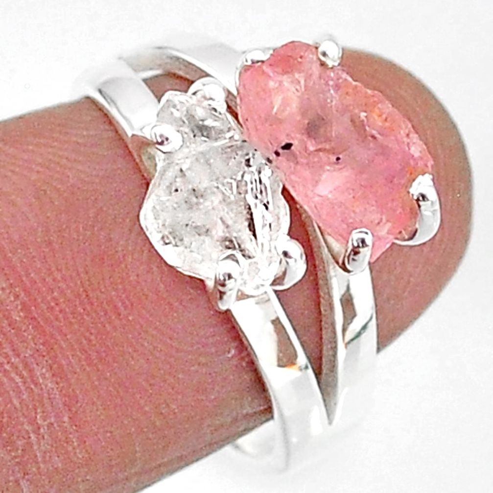 6.56cts natural herkimer diamond rose quartz raw 925 silver ring size 7 t6785