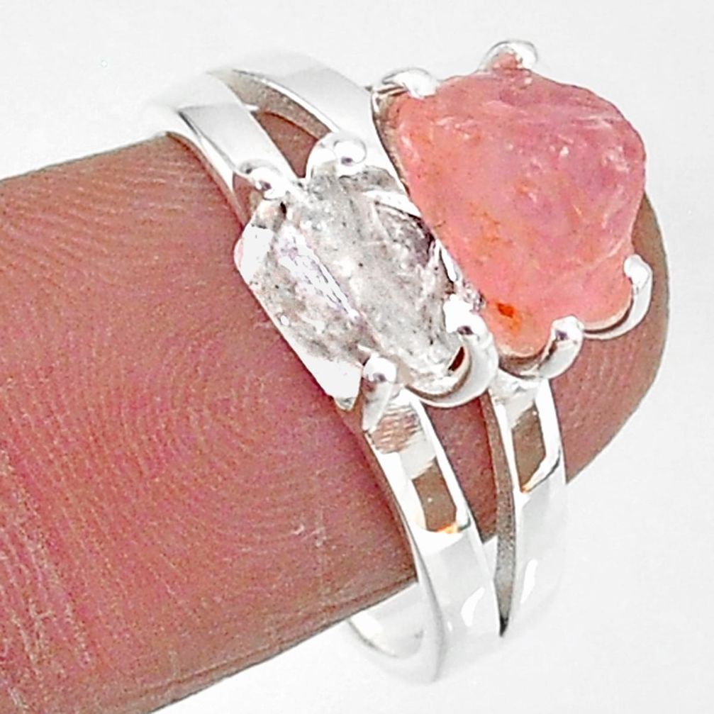 6.95cts natural herkimer diamond rose quartz raw 925 silver ring size 8 t6787