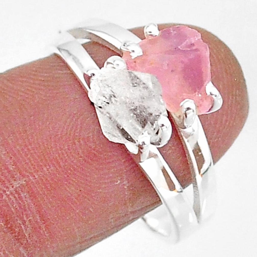 7.16cts natural herkimer diamond rose quartz raw 925 silver ring size 9 t6773