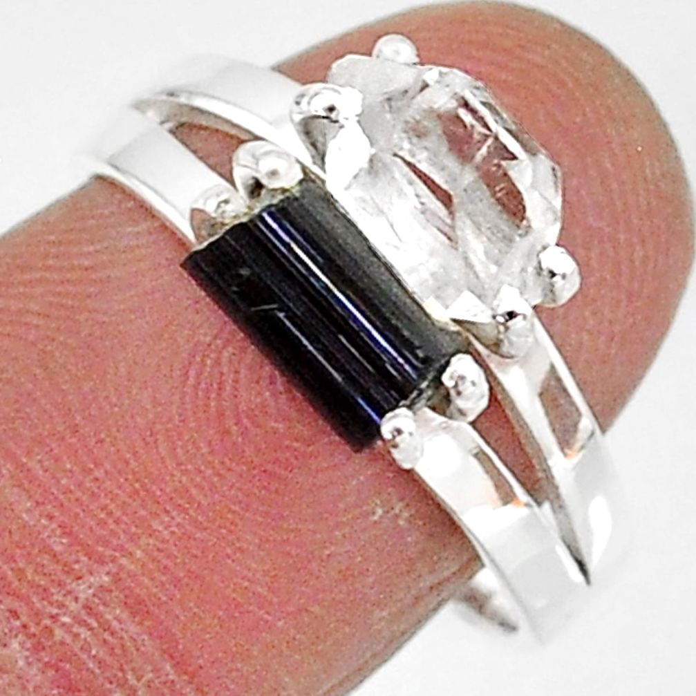 6.58cts natural herkimer diamond tourmaline raw 925 silver ring size 8 t6763