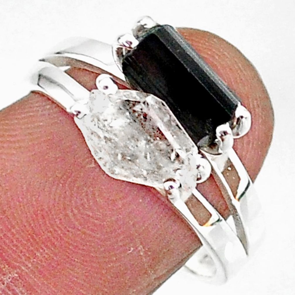 7.26cts natural herkimer diamond tourmaline raw 925 silver ring size 8 t6764