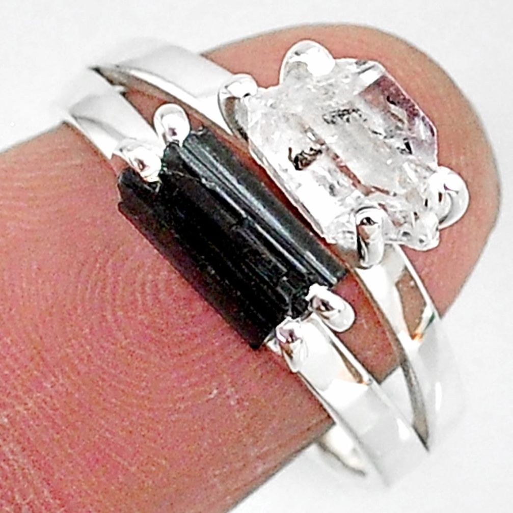 6.90cts natural herkimer diamond tourmaline raw 925 silver ring size 8 t6765