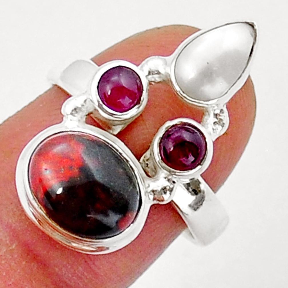 7.31cts natural jasper red garnet pearl 925 sterling silver ring size 7.5 y15258