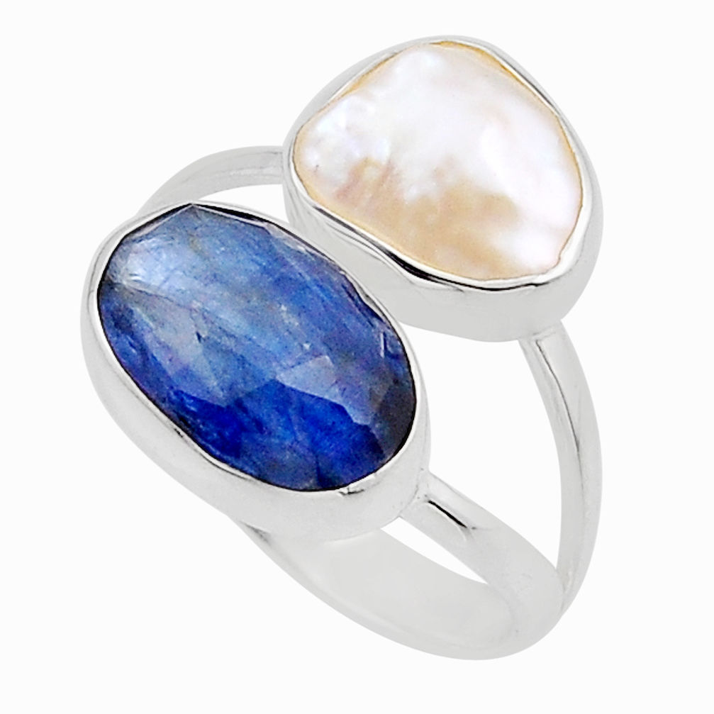 8.36cts natural kyanite pearl 925 sterling silver ring jewelry size 8 y91072