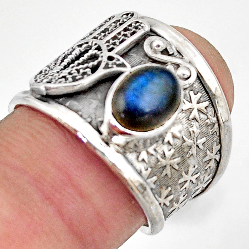 Natural labradorite 925 silver hand of god hamsa solitaire ring size 6.5 d46439