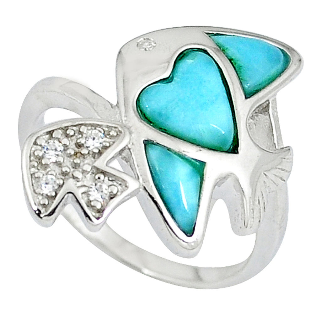 LAB Natural larimar white topaz 925 sterling silver fish ring size 7 a33209 c15105