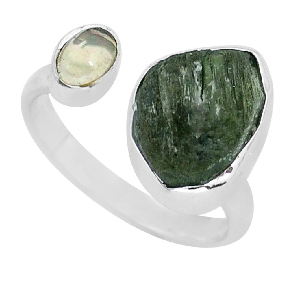 7.67cts natural moldavite ethiopian opal silver adjustable ring size 9.5 y16789