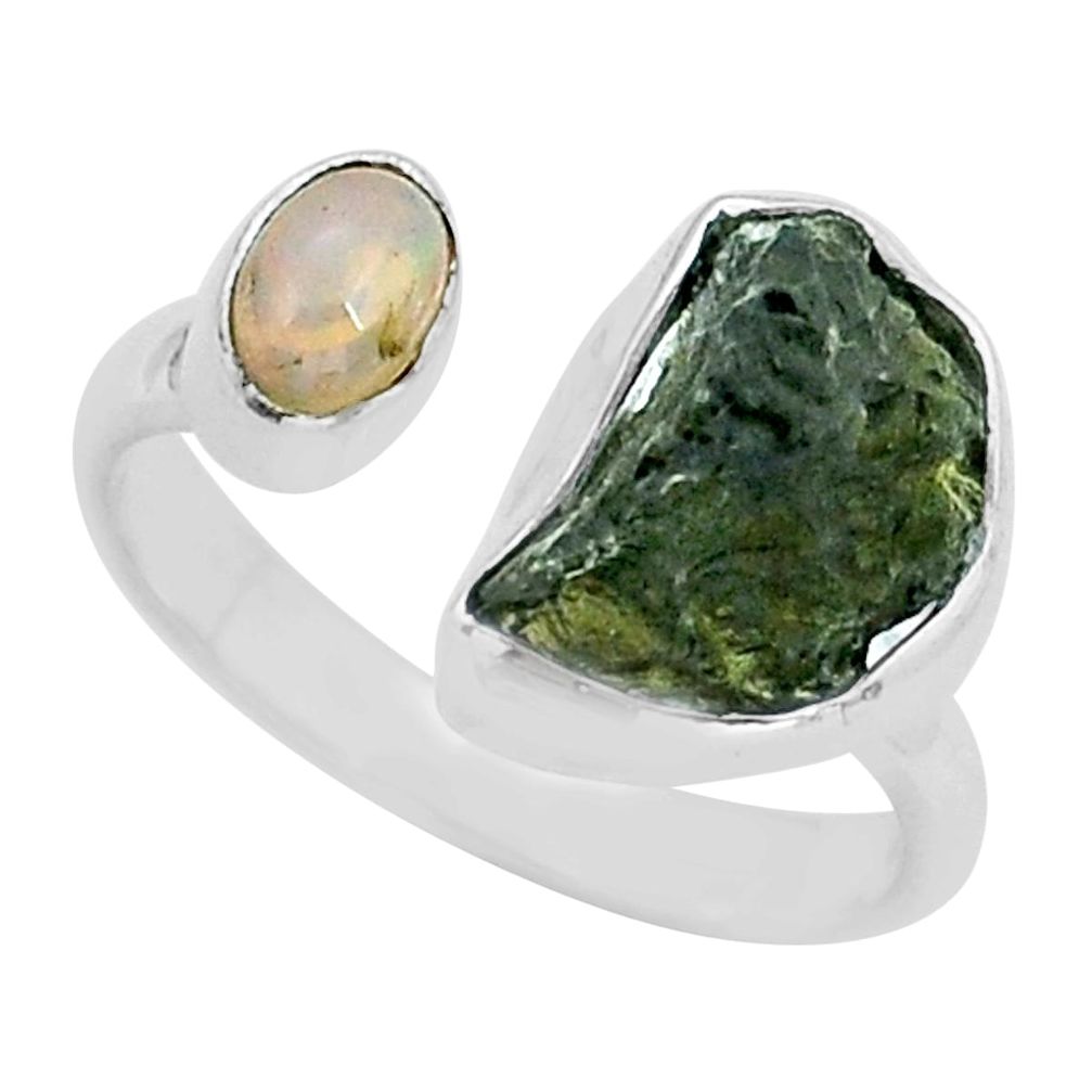 7.23cts natural moldavite ethiopian opal silver adjustable ring size 8.5 y16819